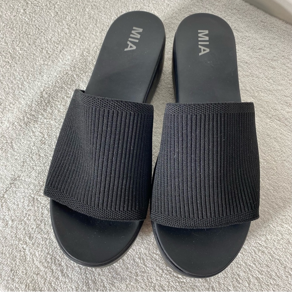 MIA Black Ribbed Platform Wedge Slip On Stretchy Slide Sandals 90s 9.5
